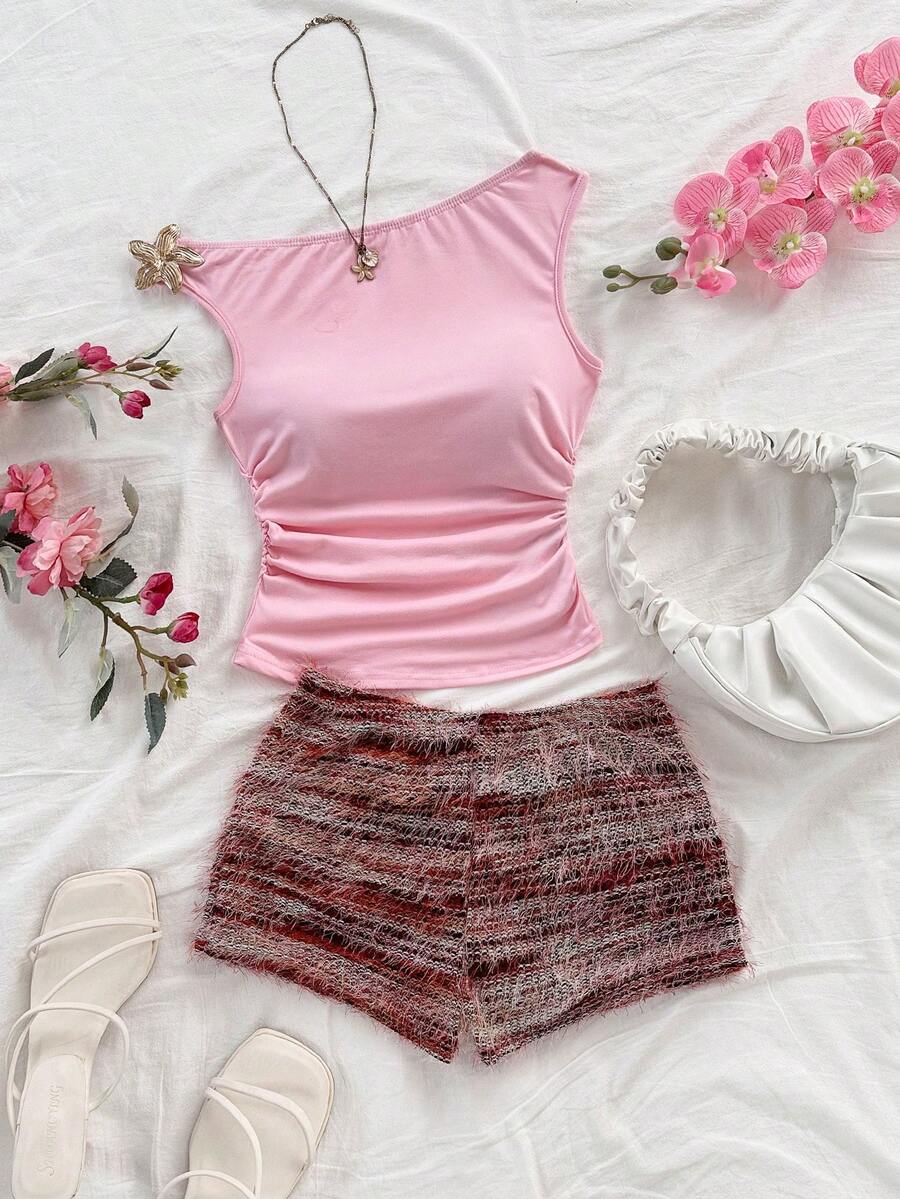 Soleia 新款休闲度假西部海滩婚礼宾客礼服，毕业早午餐，圣帕特里克节，春假，复活节，音乐节，优雅波西米亚热带风情毛绒棕色针织不对称露肩花卉露背两件套女装 - 彩色 - 查看 1