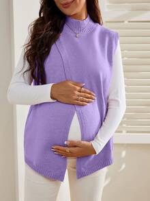 SHEIN Maternity Casual Solid Color Stand Collar Open Slit Knit Vest