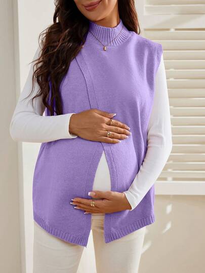 SHEIN Maternity Casual Solid Color Stand Collar Open Slit Knit Vest