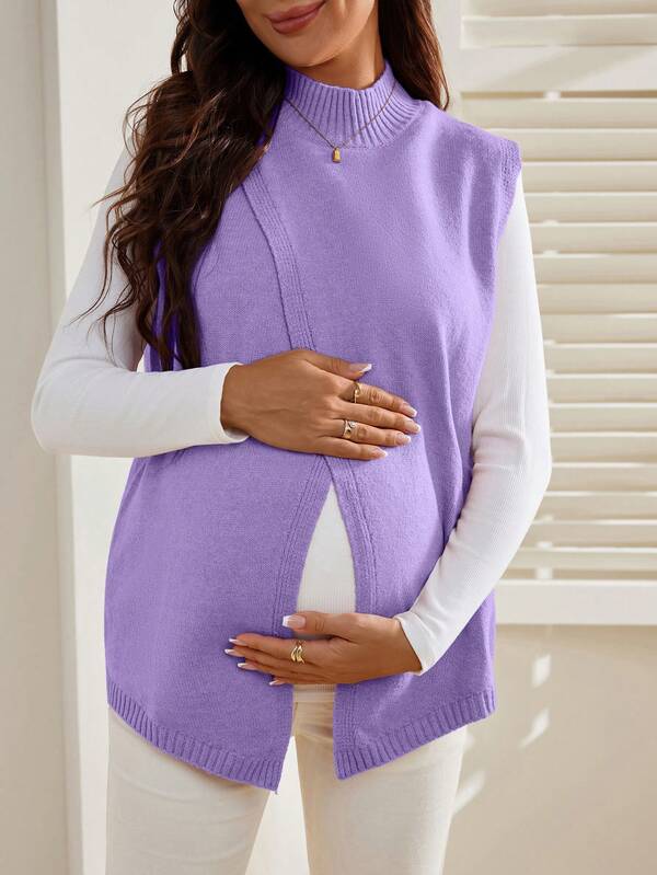 SHEIN Maternity Casual Solid Color Stand Collar Open Slit Knit Vest