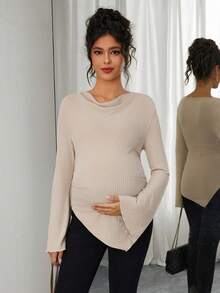 SHEIN 孕妇高领喇叭袖不对称下摆抽绳T恤，女士秋冬服装 - 杏色 - 查看 4