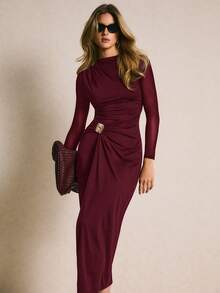 Poéselle 女士纯色网纱拼接长袖腰部金属装饰侧开衩下摆优雅连衣裙 - 酒紅色 - 查看 4