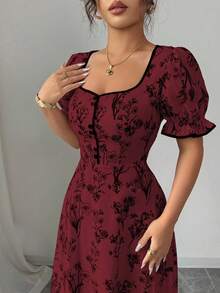 Elenzga Váy maxi chữ A cổ vuông in hoa thanh lịch cổ điển dành cho nữ, phù hợp mặc thường ngày, đi nghỉ, tụ tập hàng ngày, mùa xuân/hè - Nhiều màu - Xem 4