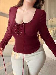 Dazy Plus 大码女式弹力修身圆领露脐系带长袖T恤可爱上衣