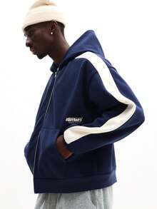 SUMWON 男士拉链连帽衫，背面印花图案设计，休闲宽松版型，街头服饰 - 藍色 - 查看 5