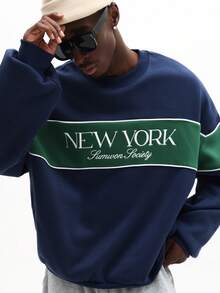 SUMWON Sweat-shirt-shirt color block pour hommes avec imprimé "New York Sunwon Society" sur la poitrine, manches longues, col ras-du-cou, pull décontracté - Bleu azur - Voir 2