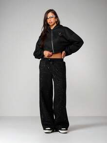 MISSGUIDED 闪亮阔腿慢跑运动裤，饰有亮片细节，女士休闲居家服，阔腿裤款式 - 黑色 - 查看 2