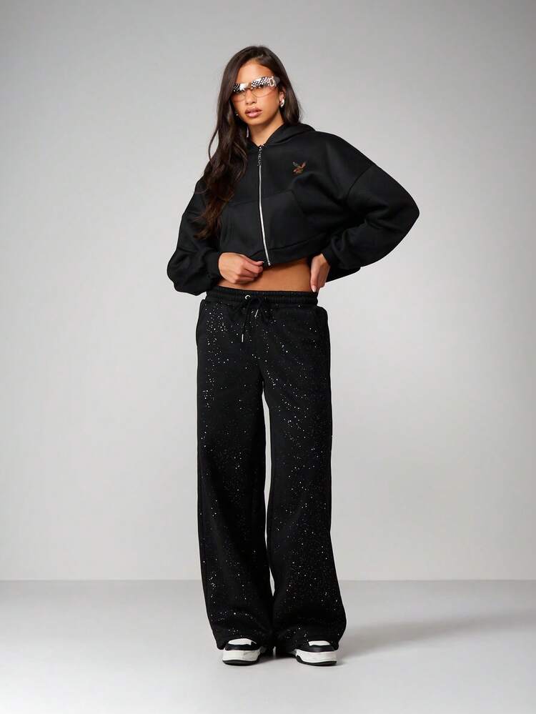 MISSGUIDED Pantalones de chándal de pierna ancha con detalles brillantes y estilo palazzo para mujer, ropa de estar en casa informal
