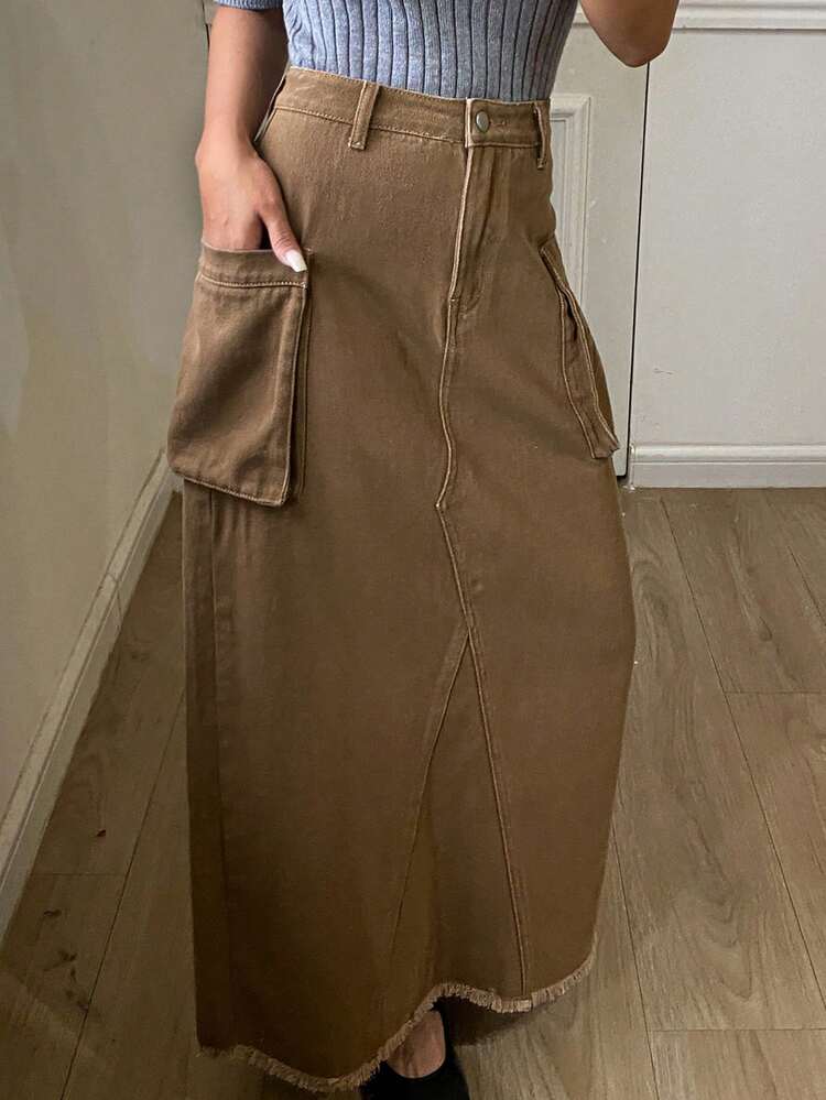 Women's Casual Solid Color Washed Denim Skirt With Pockets, Autumn