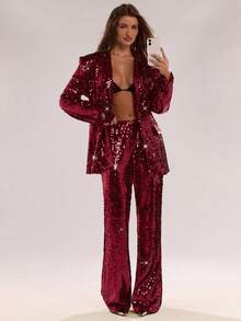 SHEIN BAE Autumn/Winter New High-End Shiny Sequin Blazer Jacket, Elegant Lady Long Sleeve Suit Top, Women's For Concerts, Music Festivals, Parties - Burgundy - View 4