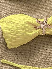 Swim Chiccia Set de costum de baie sexy cu 3 piese, top texturat fără bretele, slip triunghiular și fustă mini - Galben - Vizualizare 5