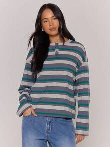 MUSERA 长袖条纹四分之一扣宽松T恤，秋季复古乡村风休闲居家上衣，女款，奶油糖色，假日春夏 - 彩色 - 查看 1