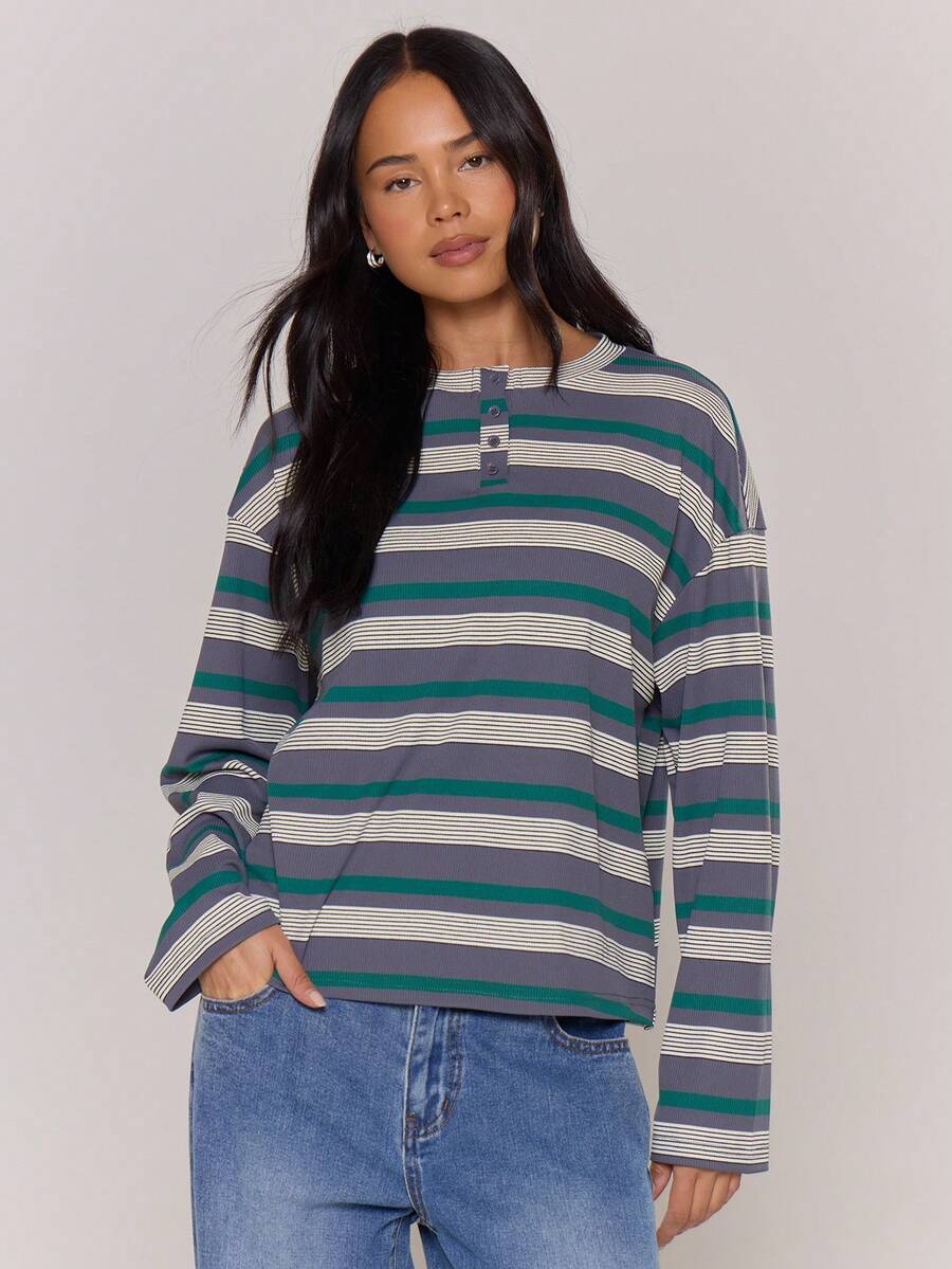 MUSERA 长袖条纹四分之一扣宽松T恤，秋季复古乡村风休闲居家上衣，女款，奶油糖色，假日春夏 - 彩色 - 查看 1