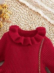 SHEIN Babygirl Cute Solid Color Knitted Long Sleeve Dress, Autumn/Winter - Red - View 3