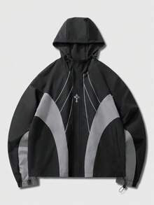 ROMWE MEN Prep Unisex Contrast Color Patchwork Windbreaker Long Sleeve Jacket, Casual Hooded Jacket For Autumn/Winter - Black - View 6