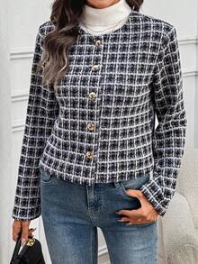 EMERY ROSE 秋冬新款格纹面料圆领长袖优雅时尚优雅外套，适合多种场合 - 彩色 - 查看 6