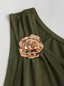 Sweetra 女士夏季时尚纯色不对称领迷你连衣裙 - 墨綠色 - 查看 3