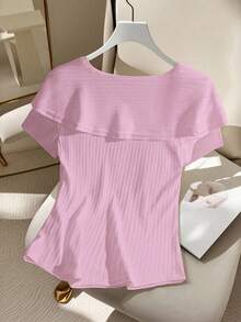 SHEIN Áo thun tay ngắn thắt nút xoắn màu trơn cỡ lớn dành cho nữ, dáng rộng, đa năng - Hồng - Xem 2