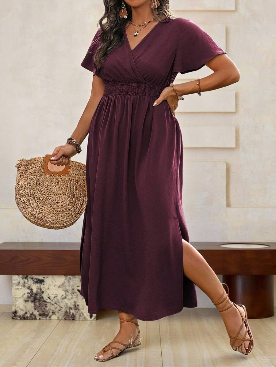 Roveilla Vestido maxi de verano informal para mujer de talla grande con cuello en V, cintura ceñida, abertura alta y mangas tipo murciélago - Rojo violeta - Ver 1