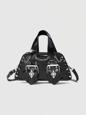 Grunge Punk حقيبة يد بتصميم صليب ديكور بطراز بانك داكن، عناصر سلسلة مسامير، تصميم نمطي رائع، حقيبة عصرية لجذب الأنظار في الشارع