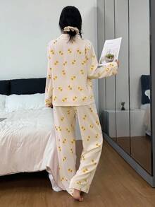Miss Vinta Women's Collared Heart Striped Long Sleeve Pajama Set Striped Heart Print 2 Pieces Set, Winter Clothes - Yellow - View 2
