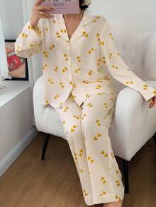 Miss Vinta Women's Collared Heart Striped Long Sleeve Pajama Set Striped Heart Print 2 Pieces Set, Winter Clothes - Yellow - View 5