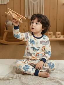 LMoss Kids LMoss Set 2 buc. pentru băieți, top cu guler rotund, tricotat auriu, și colanți, lenjerie de casă casual, croială potrivită, pijama pentru copii, set 2 piese cu mânecă lungă pentru băieți, pijama pentru copii, pijamale cu imprimeu animal pentru copii, stiluri confortabile de toamnă și iarnă. - Multicolor - Vizualizare 8