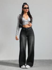 Tall Jeans casuales para mujer de talle bajo, corte recto, holgados, pantalones vaqueros azules para mujer de talla grande - Negro 2 - Ver 4