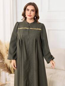 Lacomfia Robe ample pour femmes grande taille, style minimaliste mode, avec patchwork de dentelle et sequins, manches longues, fermeture éclair, pour un usage quotidien - Acajou - Voir 4