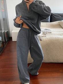 Livesso 女士亮片宽松上衣和运动裤两件套，秋冬季女士运动套装家居服套装 - 灰色 - 查看 3