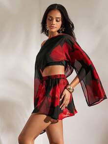 Opulessa 2 pezzi/Set Camicia corta e minigonna stampata da donna per vacanze - Multicolore - Visualizzare 5