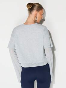 KIZN Double Layer Long Sleeve Crew Neck T-Shirt Cropped Casual Comfort Soft Jersey Knit Top Relaxed Fit Pullover - Grey - View 2