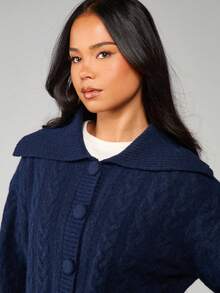 MISSGUIDED Relaxed Fit Cable Knit Button Front Cardigan With Hood For Cozy Autumn Winter Layering - Navy Blue - View 5