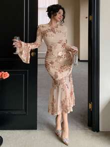 DAZY Women's Elegant Sequin Embellished Long Dress, Autumn Floral Dresses For Women - Pink - View 4