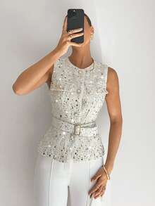 Siren Gaze 新款秋冬女装，圣诞新年必备，优雅女士西装外套（含腰带），优雅通勤亮片前扣西装背心，粗花呢西装背心，金色上衣，白色新年亮片派对上衣，夏季女装 - 杏色 - 查看 1