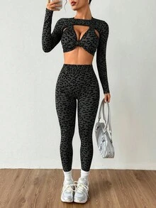 Dewbera Bộ đồ thể thao nữ tay dài hở lưng họa tiết da báo và quần bó - màu đen - Xem 3