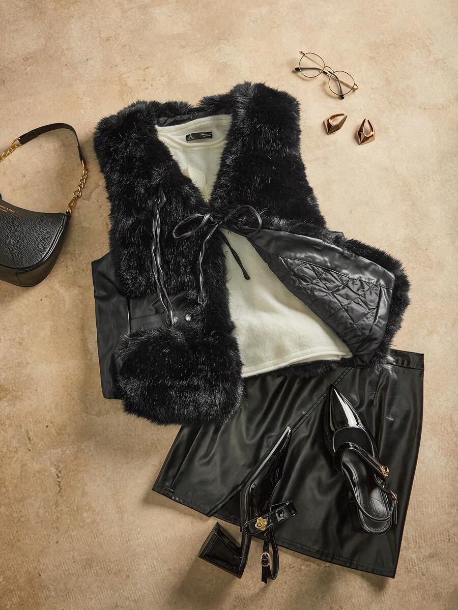 Anewsta Chaleco/abrigo sin mangas de piel parchwork con pelo largo y esponjoso