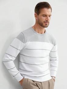 Manfinity Mode Men Striped Pattern Sweater Round Neck Long Sleeve Pullover Color Block White Business Casual Sweater For Husband, For Fall Winter - White - View 4
