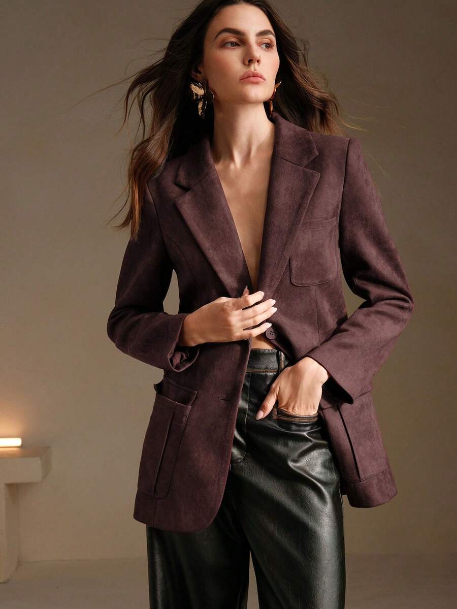 Anewsta Suede Long Sleeve Elegant Multi-Pocket Blazer - Mocha Brown - View 1