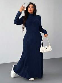 SHEIN EZwear 藏蓝色羊毛罗纹纹理休闲加大码长款连衣裙，秋冬款 - 藏蓝色 - 查看 5