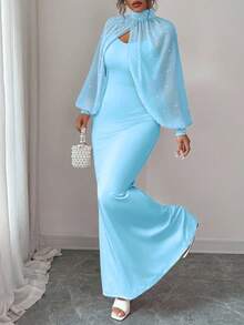 Elenzga Váy dạ hội quyến rũ trưởng thành mới, trang trọng và dịu dàng, màu hồng mơ mộng, áo dài tay đính hạt thủ công, bộ váy liền thân ôm sát có viền đuôi cá duyên dáng - Màu xanh lam - Xem 6