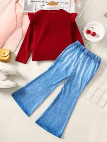 SHEIN Young Girl Casual Comfortable Patchwork Contrast Color Ruffle Collar Sweatshirt And Flare Pants Set - Multicolor - View 2