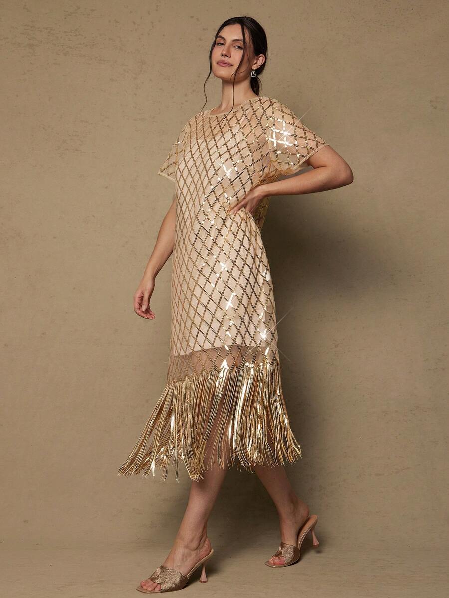 Freevana Plus Size Romantic Vintage Sequin Tassel Dress, Shiny Party Holiday New Year Dress - Champagne - View 1