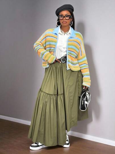 Slaydiva 2025秋冬新款女大码长袖彩虹条纹针织开衫毛衣，适合日常穿着，外出休闲，时尚百搭