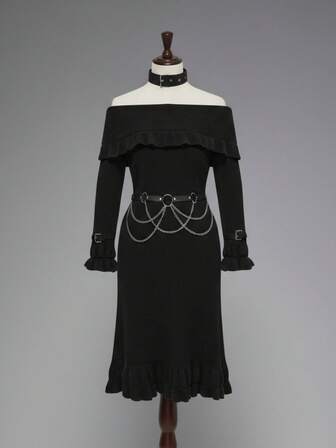 Plus Size Women Gothic Retro Grunge-Punk Elegant Ruffled Collar Off-Shoulder Ruffle Sleeve Leather Strap Gothic Metal Chain Waist Belt Sweater Dress, Autumn/Winter Black Sweater Dress, Women Fashion Pullover Black Vintage Sweater Dress