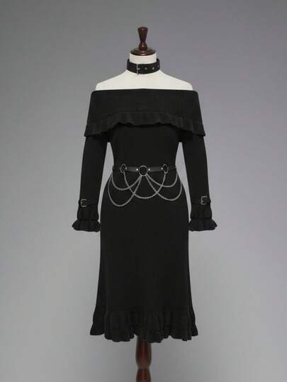 Plus Size Women Gothic Retro Grunge-Punk Elegant Ruffled Collar Off-Shoulder Ruffle Sleeve Leather Strap Gothic Metal Chain Waist Belt Sweater Dress, Autumn/Winter Black Sweater Dress, Women Fashion Pullover Black Vintage Sweater Dress