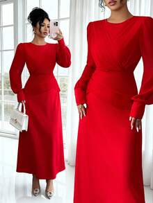 Rafferiza Fashionable And Elegant Waist Round Neck Pleated Women's Long Sleeve Christmas Red Autumn And Winter Dress Women's Elegant Party Wedding Guest Dress New Year Dress Red