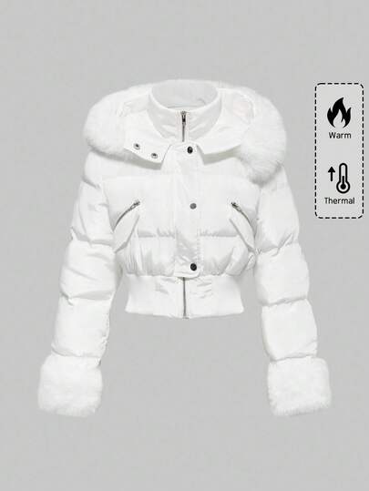 ROMWE Casual White Y2K Rhinestone & Faux Fur Embellished Short Padded Coat For Women
