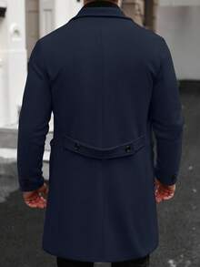 Manfinity Homme Men's Solid Color Pocket & Button Front Long Sleeve Overcoat, Autumn Fall Men Long Overcoat Navy Blue Men Overcoats Fall Winter For Men - Navy Blue - View 2