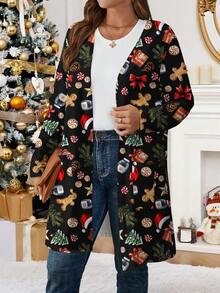 EMERY ROSE Plus Size Women Casual Christmas Element Pattern Loose Fit Long Sleeve Cardigan Jacket, Suitable For Summer And Christmas/Winter - Multicolor - View 1